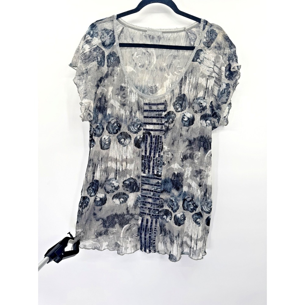 Per Una Gray Velvet Gauze Mesh Top 18 Italy Scoop Neck Stretch Mixed Media Boho - Picture 2 of 13